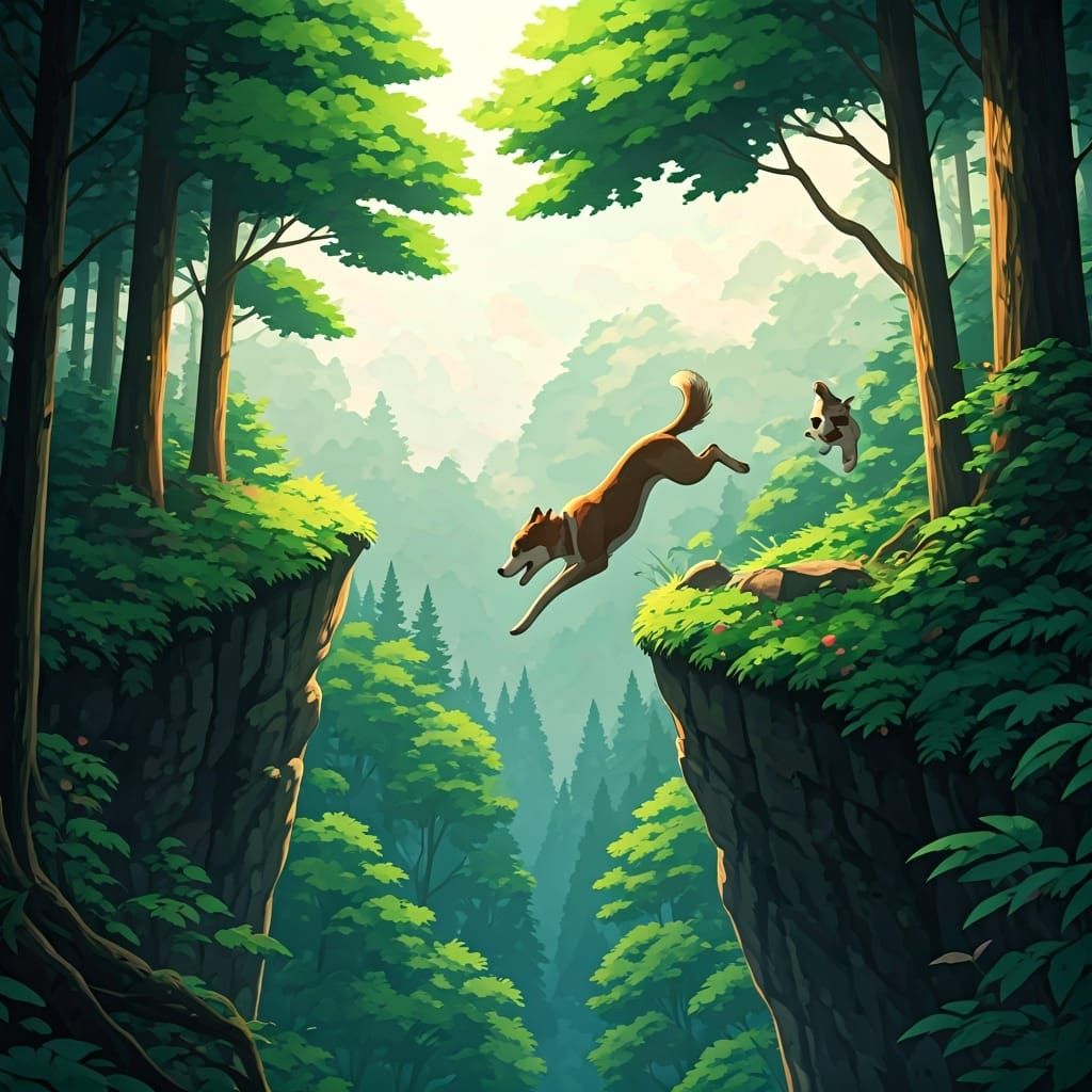 Anime-Style Dogs Leap from Forest Cliff