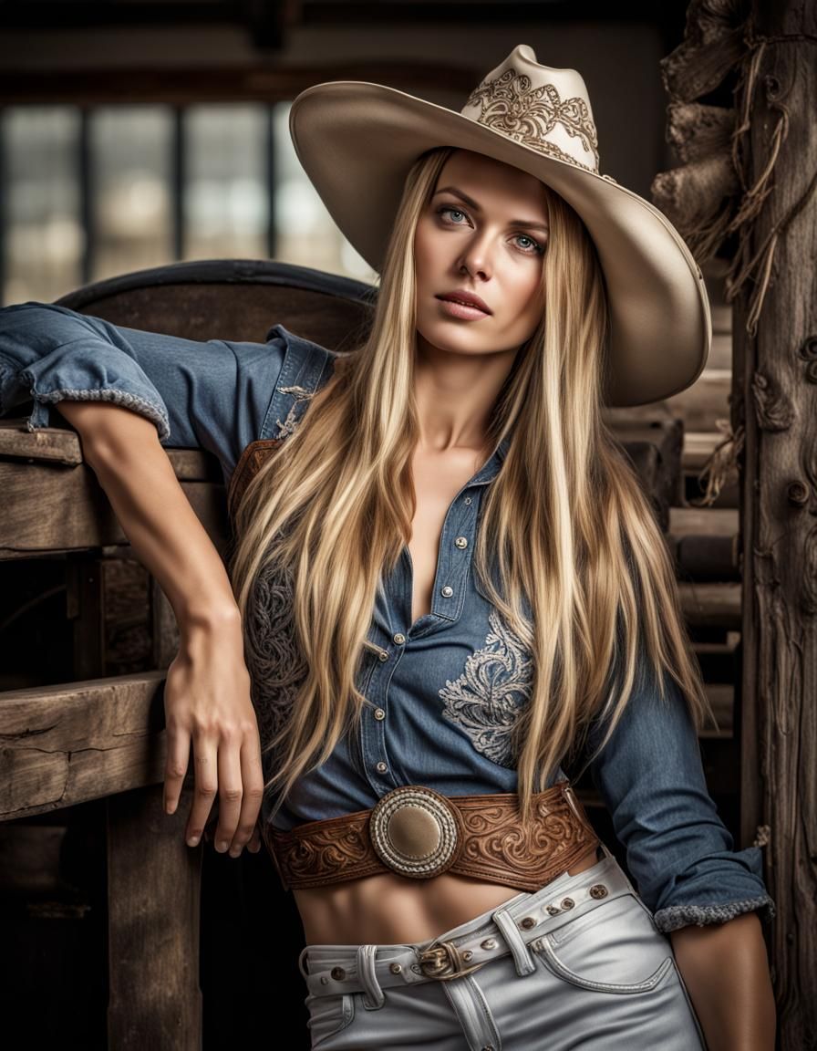 Hyperrealistic portrait of a beautiful woman wearing cowboy ...