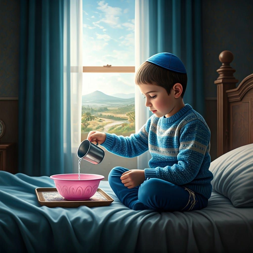 A Young Boy Performs Morning Rituals in a Serene Breakfast S...