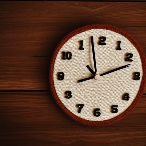 A clock made from yarn on a wooden floor cinematic shot