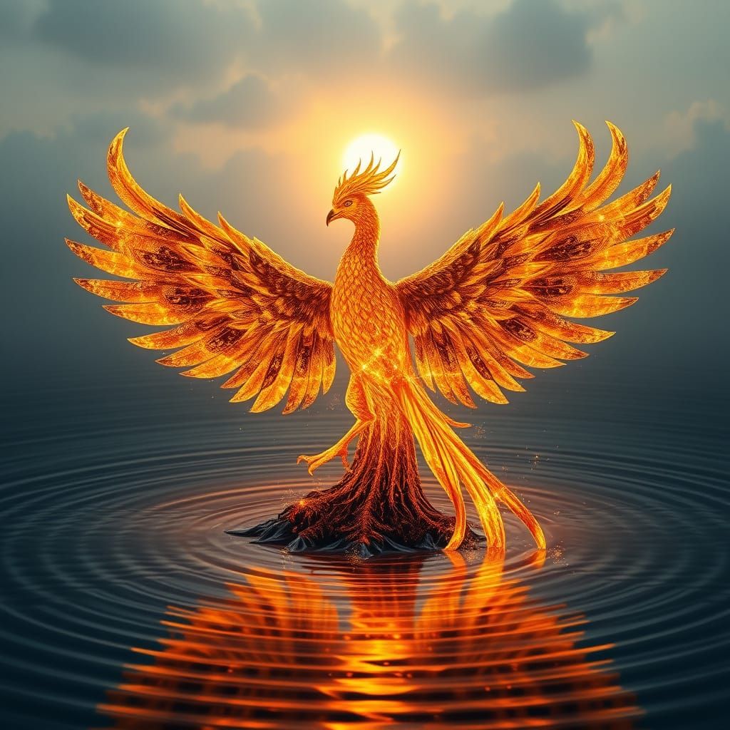 A majestic phoenix composed of molten gold and crystalline phoenix-feathers, rising from a pool of rippling ink-black water; each wingtip tr...