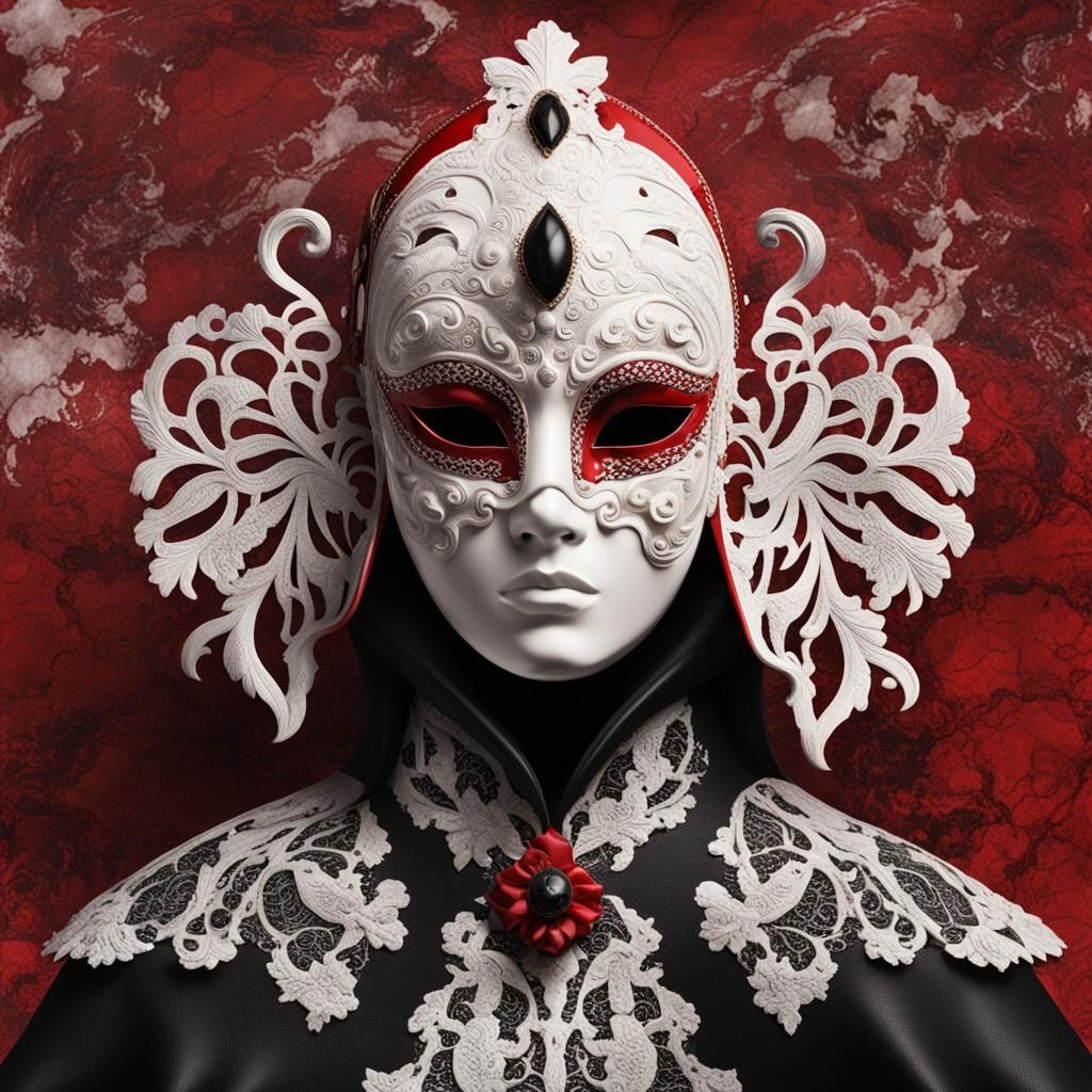 Venice mask, marble, lace, white, black, red, sharp
