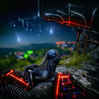 Sitting on a ridge at night looking at the stars glowing neo...
