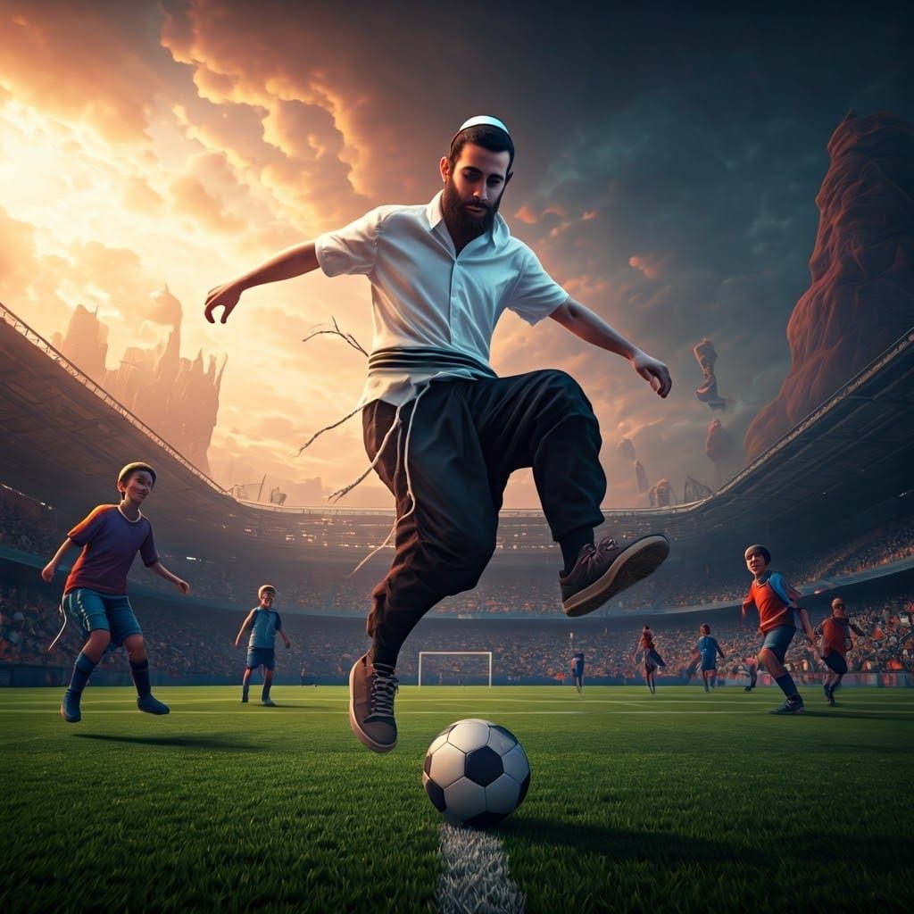 Young Man with Tzitzit Playing Soccer, Digital Art
