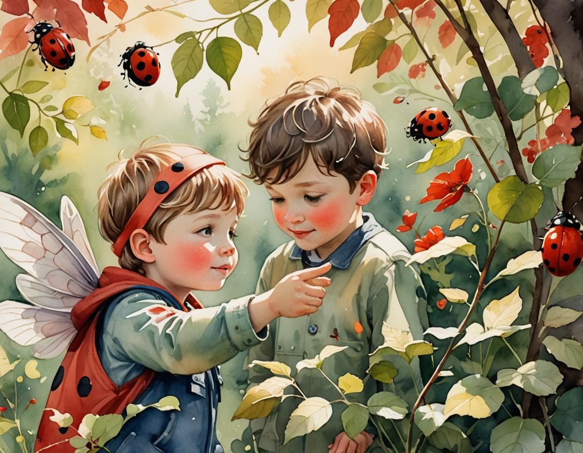 a little boy has a ladybug on his finger and watches fascina...