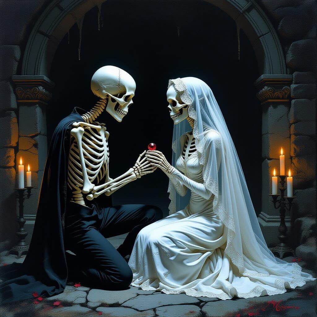 In a candlelit crypt, a skeleton kneels with a ring made from bone and ruby glass. His skeletal bride’s veil floats in the cold air as phant...