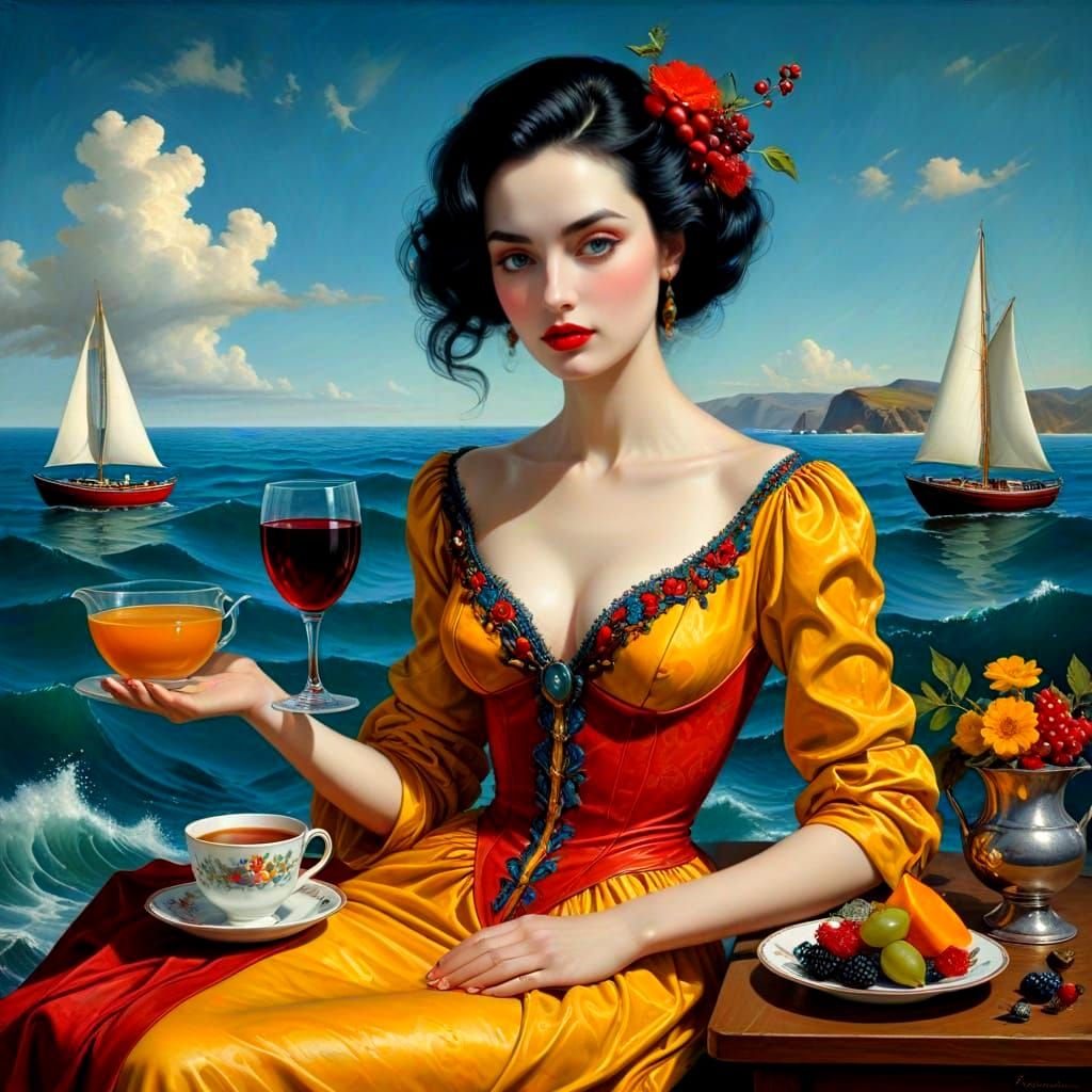 Eldritch Lady Sips Wine Amidst Whimsical Sailboats and Sea C...