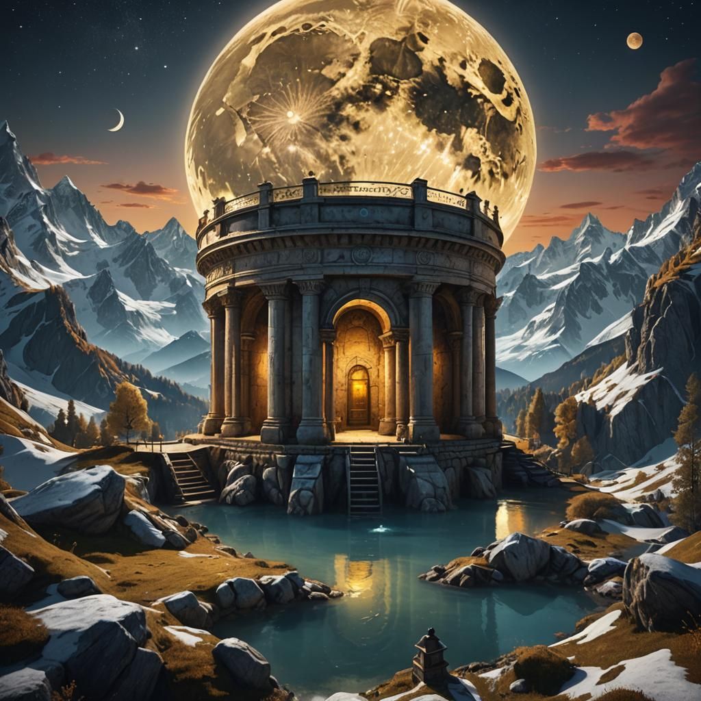 Giant cistern in the Alps under full round golden moon