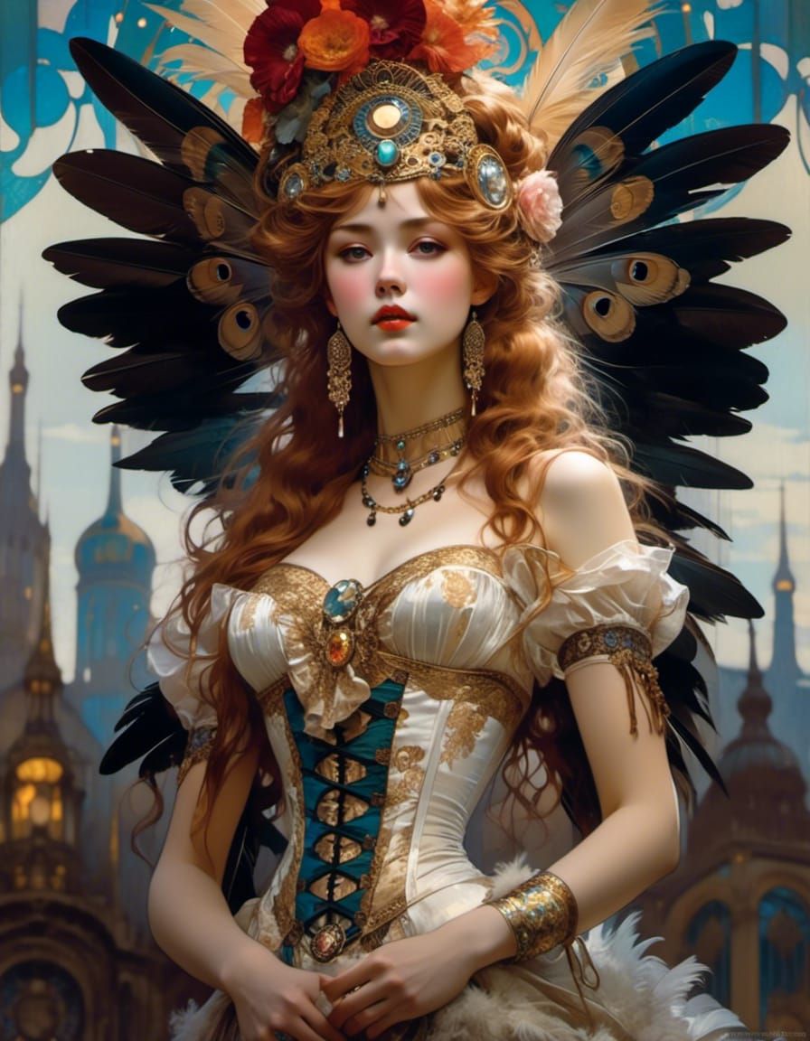 <lora:Art Nouveau:1.0> {VEGAS SHOWGIRL_fanciful_gown_feather...