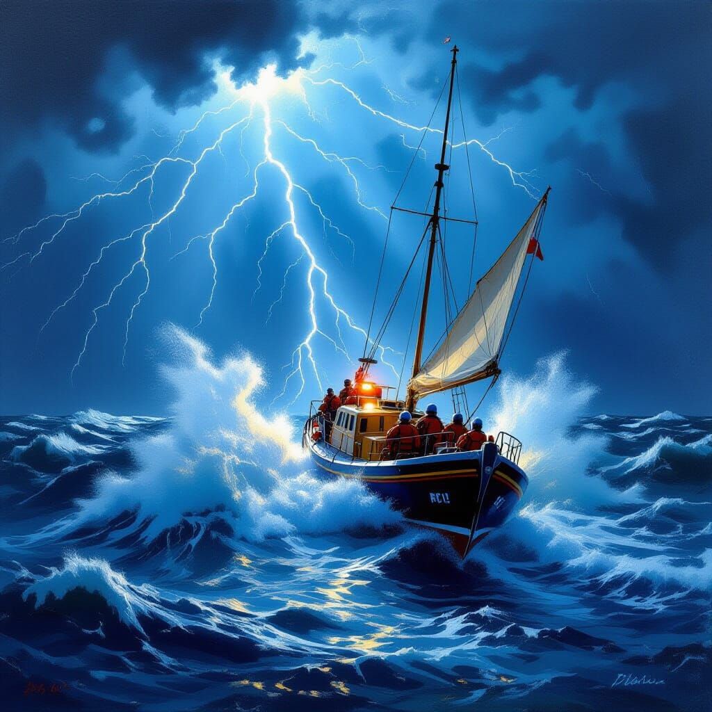 Lifeboat crew rescuing passengers from a yacht that has been overcome by a fierce storm, risking their ...  by @Spellbindet