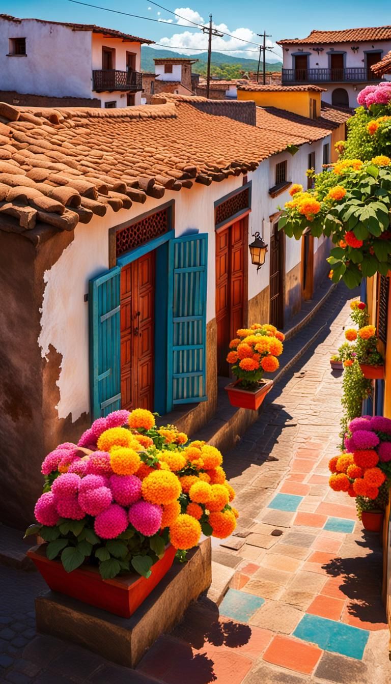 Latin American folk art. Empty streets of a small, old town