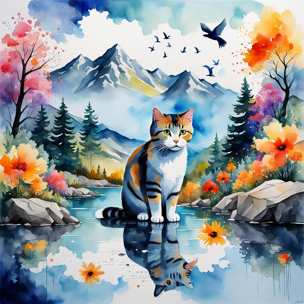 Double exposure, watercolor in pol ledent style landscape cr...
