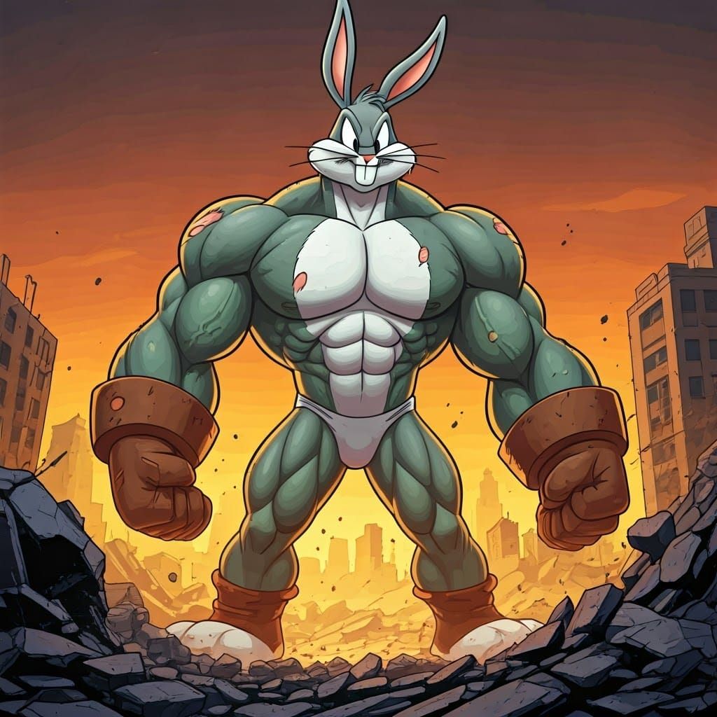 A colossal Bugs Bunny, his lanky frame now transformed into ...