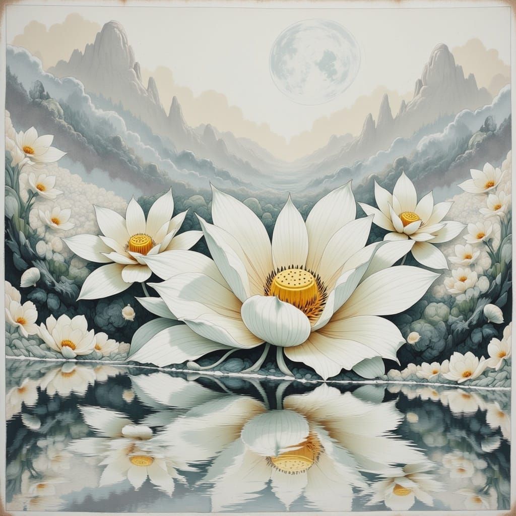 Extreme closeup, Ethereal, moonscape, Dreamy, isolated landscape, the briar wisp lotus flower, alcohol ink, intricate details, landscape mir...