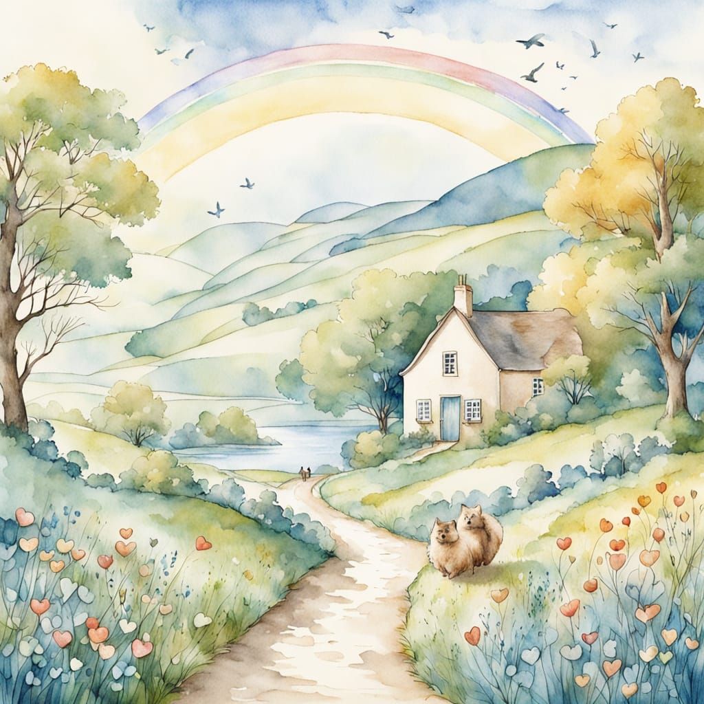 Whimsical Fairy Tale Scene in Dreamy Watercolour Style