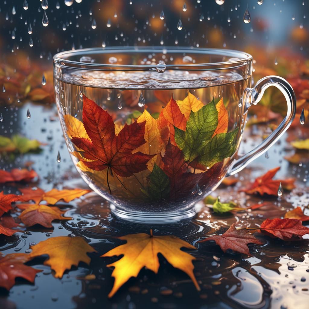 Autumn weather and colorful leaves inside a glass tea cup, rain drops and leaves around