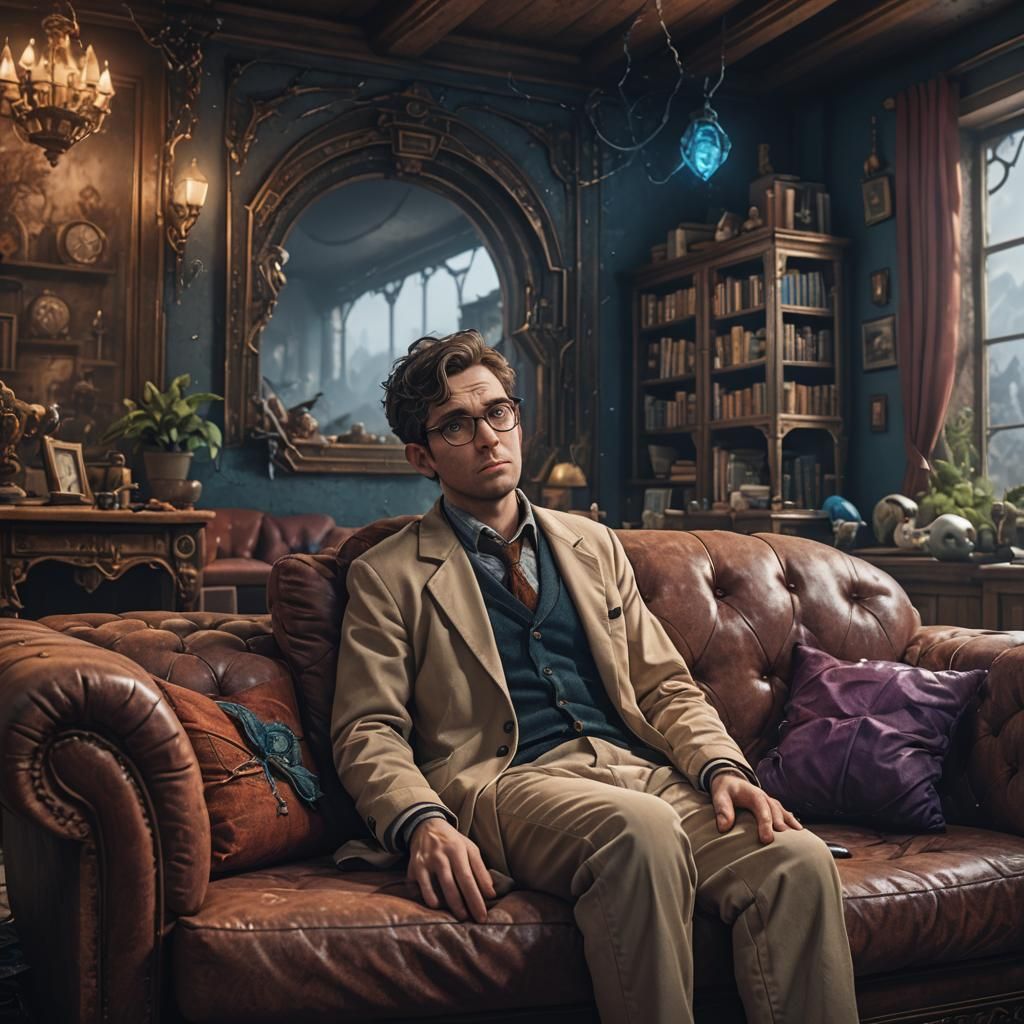 a sad nerd with a cold lying on a couch