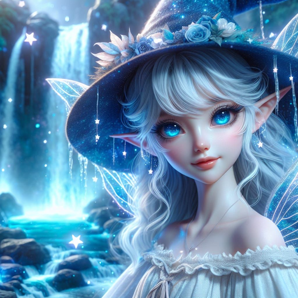Cosmic Witch near Waterfall of Stars in Fantasy World