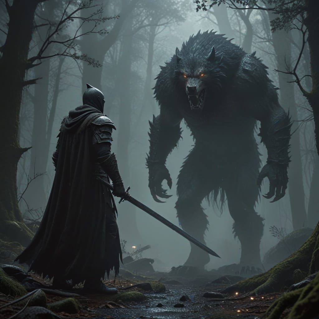 mighty warrior fighting werewolf with long sharp claws,  in the eerie enchanted forest