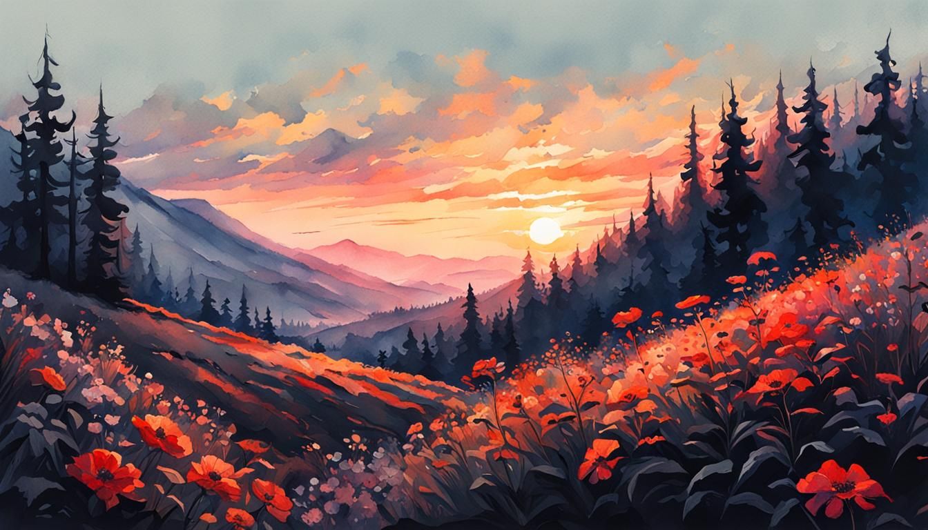 Flower Hills at Sunrise: Watercolor Matte Painting
