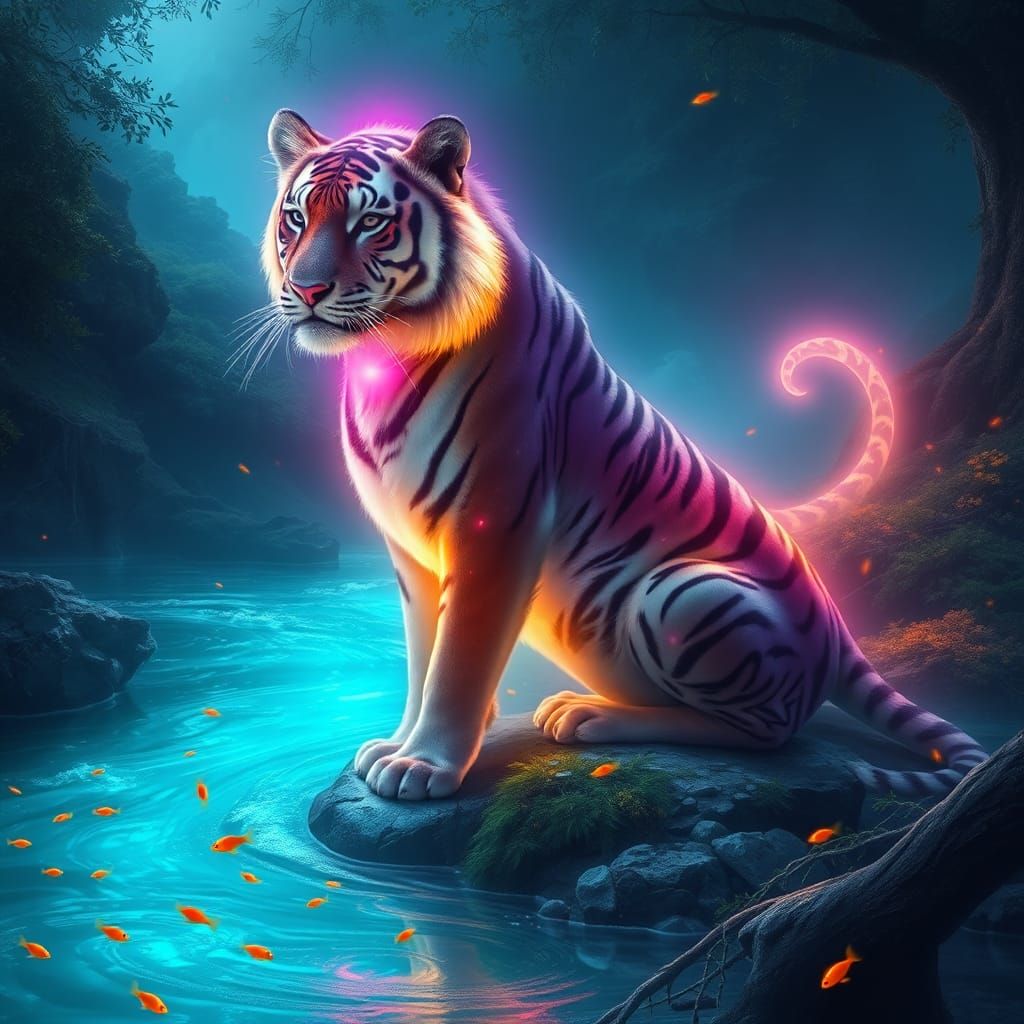 Glowing Tiger on Riverbank as Matte Painting