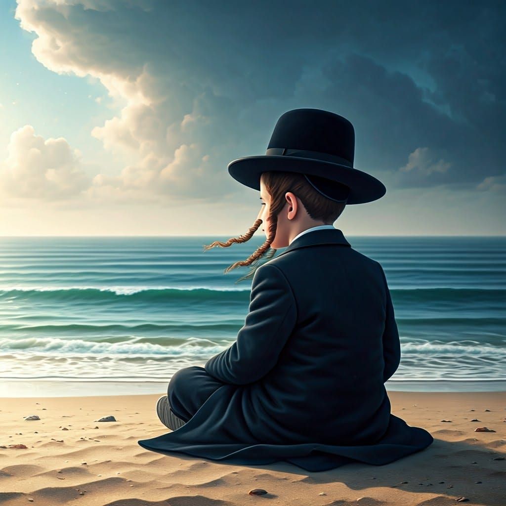 Contemplative Young Hasidic Boy on the Beach in Serene Seasi...