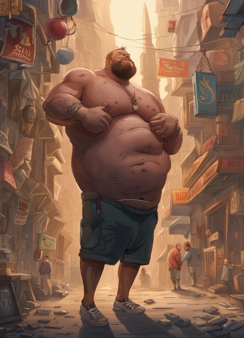 a man, giant, Colossal， obese, Extremely overweight, muscular built,  weightlifter built, long hair, boarder shoulder, bigger arm, bigger be... -  AI Generated Artwork - NightCafe Creator