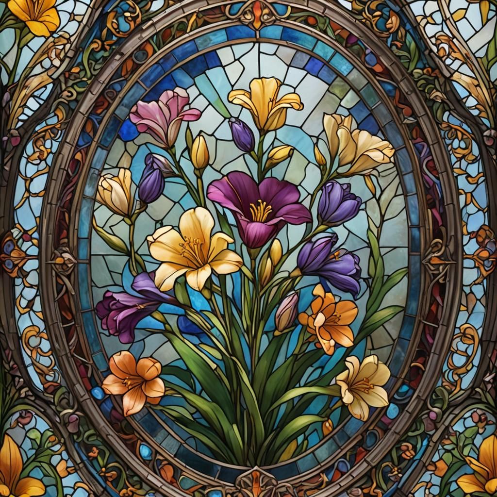 traditional stain glass oval, small vibrant freesia flower i...