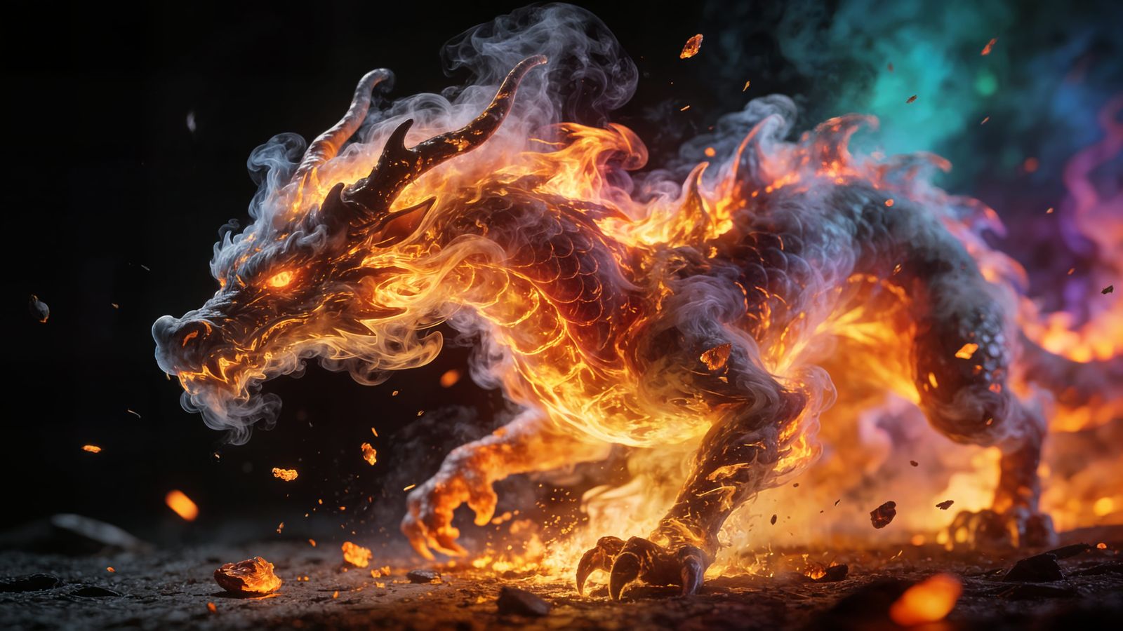 A dragon made of smoke and fire is ready to pounce. The flames and smoke blend together to form the body. ...  by @Moose