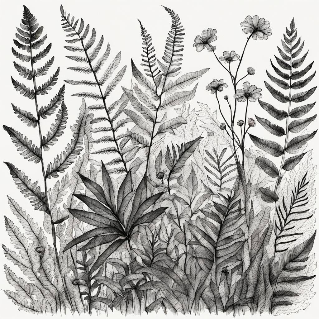ink drawing, sketch-like style, botanical meta behavior, leaves, ferns, tiny flowers primitive life, ...  by @Neya Pey