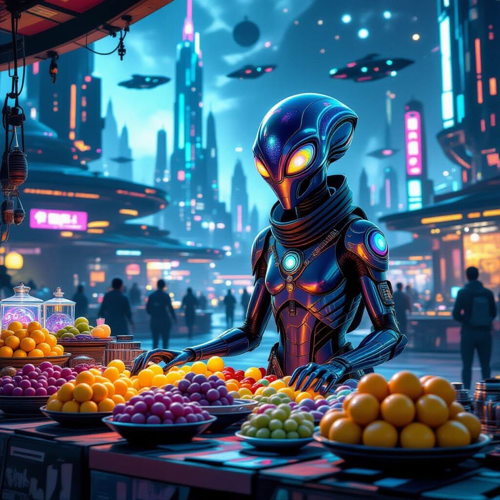 Alien Vendor in Neon Spaceport, Sci-Fi Concept Art