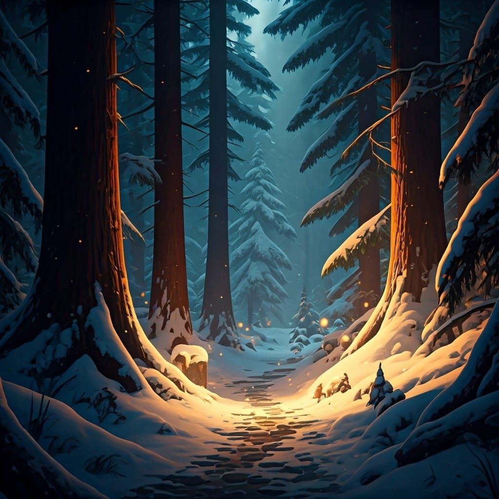 Enchanted Winter Forest Illuminated by Fireflies