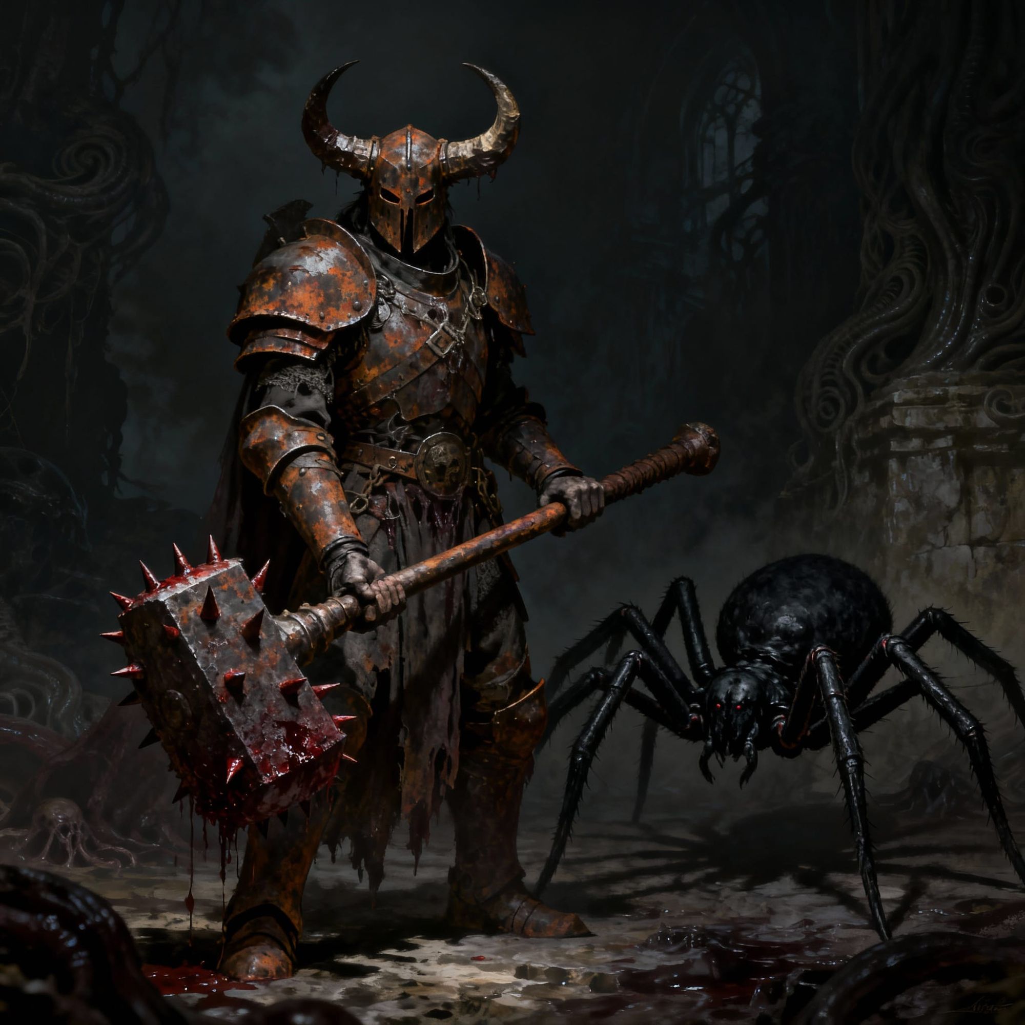 Silver knight Rathalion with long spear he is defending magic sphere. He is surrounded by horde of plagued zombies. spiders. skeletons. Dark...