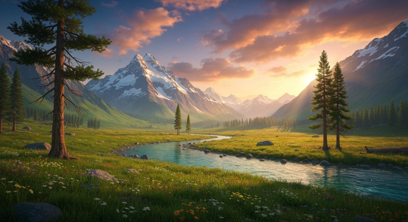 Golden hour valley landscape with river and mountains  by @A handsome lad