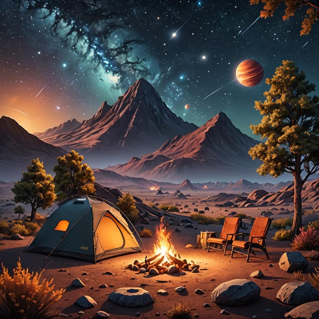 A cozy campsite on an alien planet, tent, campfire, alien flora, stars planets and nebula in the sky, ...  by @Laevos