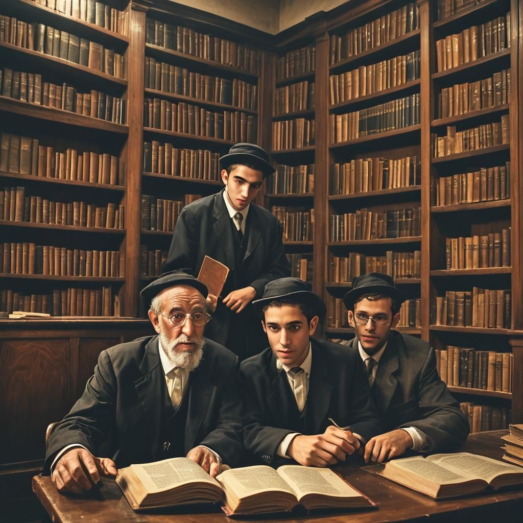 Yeshiva Students in Dimly Lit Study, Hyper-Realistic Photo
