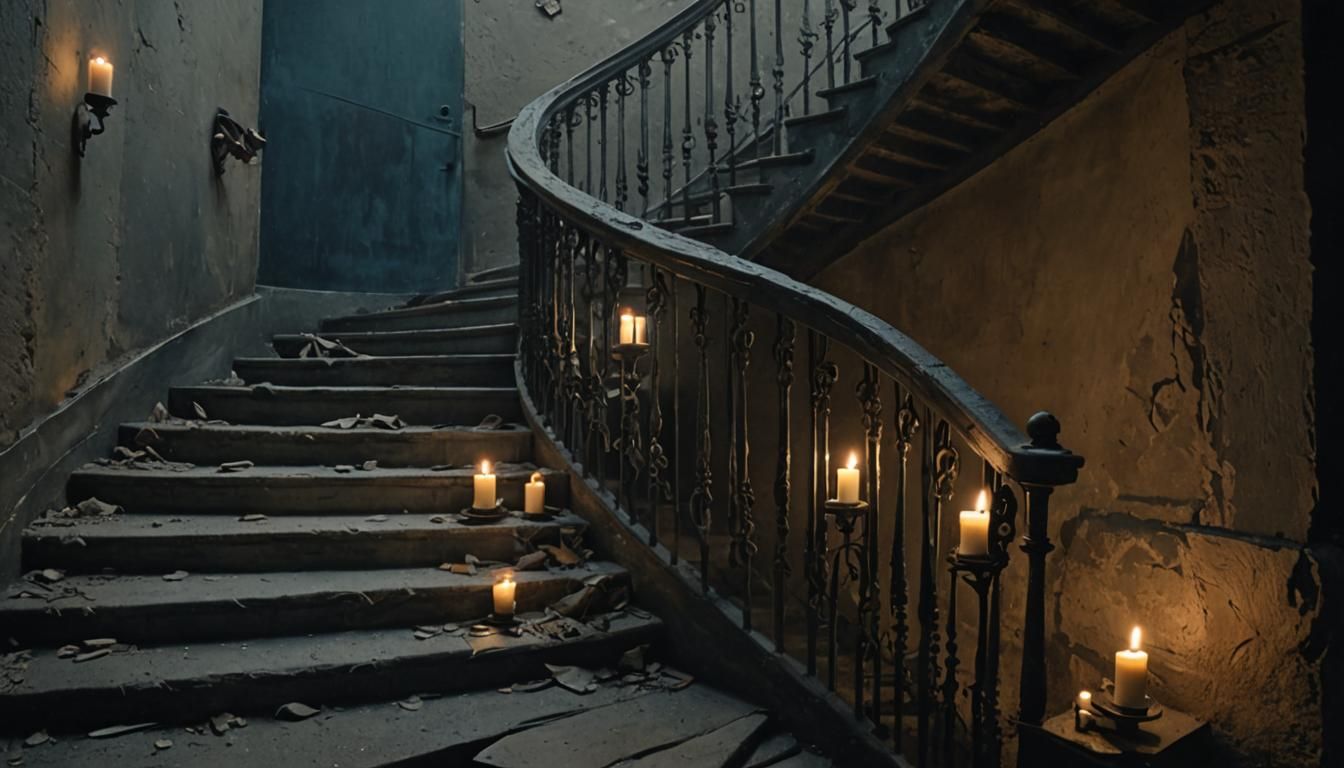 A winding staircase with creaky, dilapidated steps covered i...