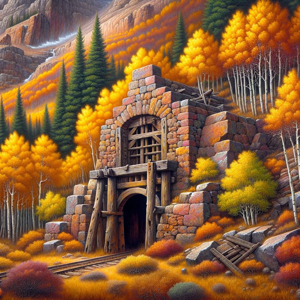 Charles Marion Russell. Portal to an old mine. Vibrant aspen...