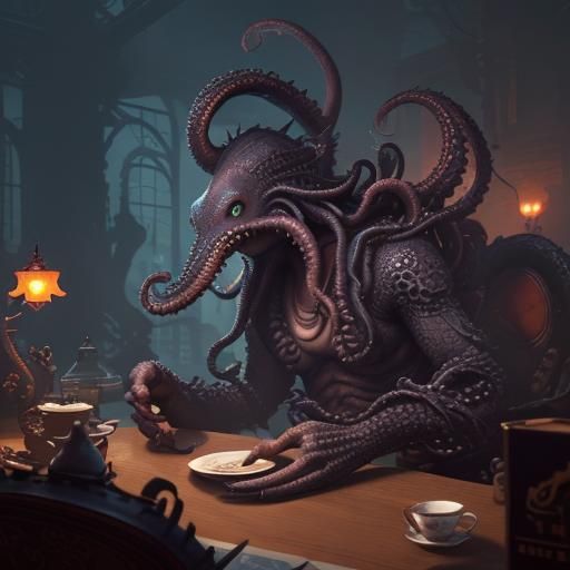 A Kraken having tea at a desk job AI Generated Artwork NightCafe