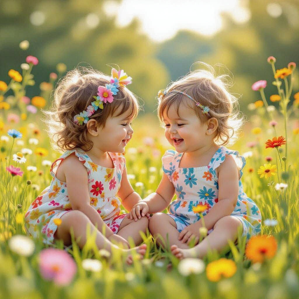 Twin Children Playing in Summer Meadow, Whimsical Art