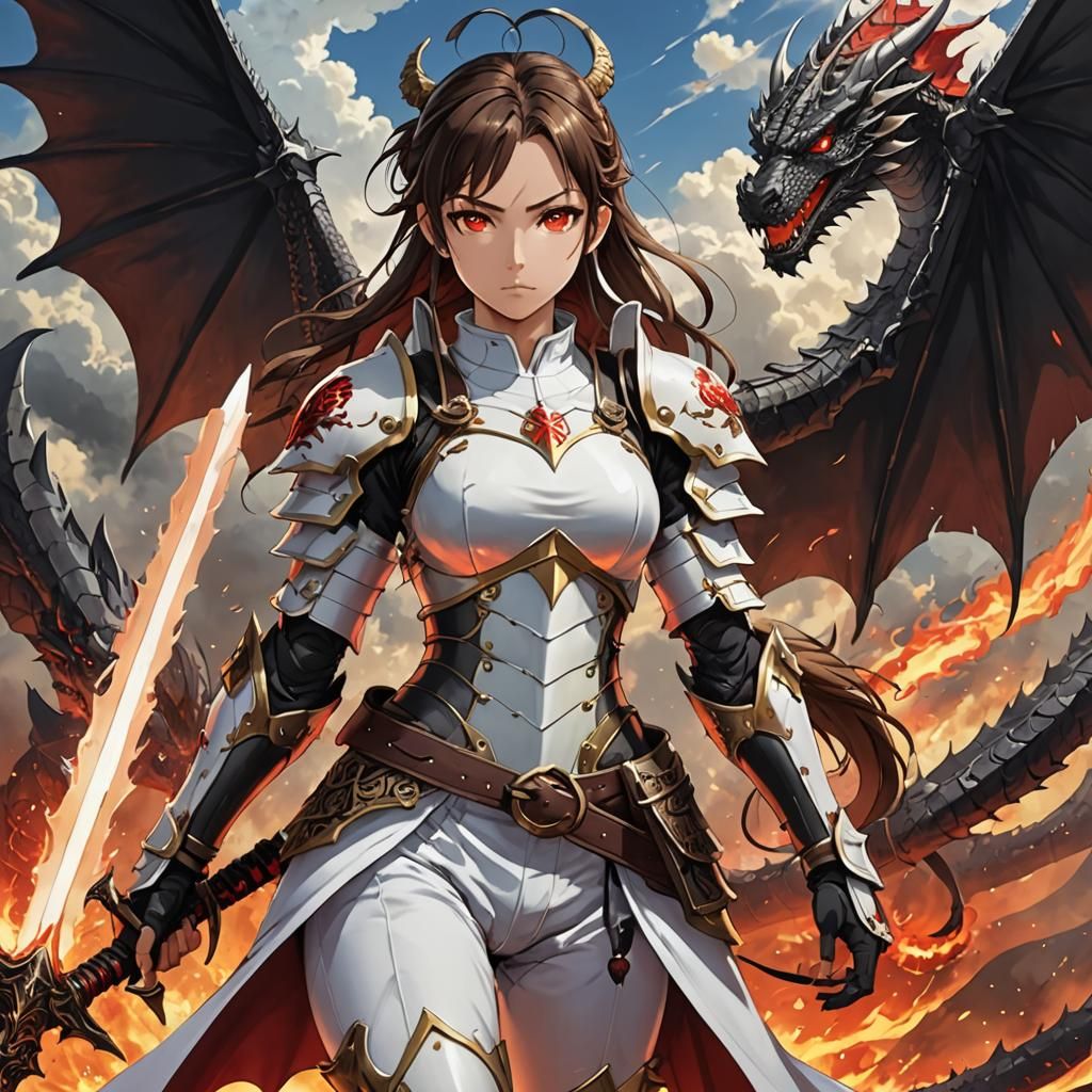 Full body female warrior in perfect figure with ponytail bro...