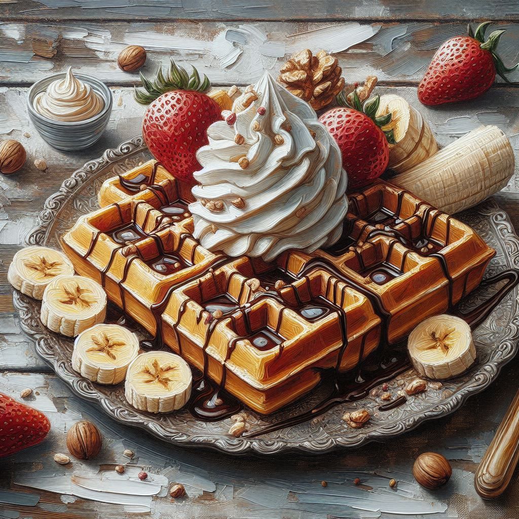 An impasto painting of golden Belgian waffles