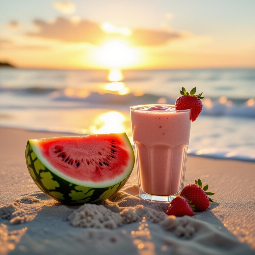 Tempting Watermelon & Strawberry Smoothie on Realistic Beach