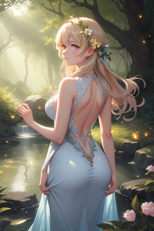 A whimsical forest guardian stands at the edge of a sparklin...