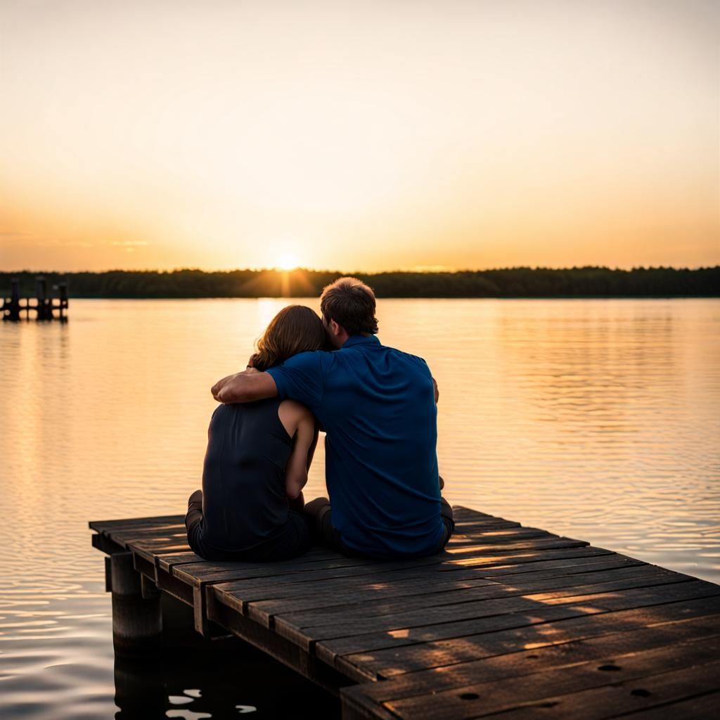 A lovers sitting on a dock hugging at sunset  by @Paul