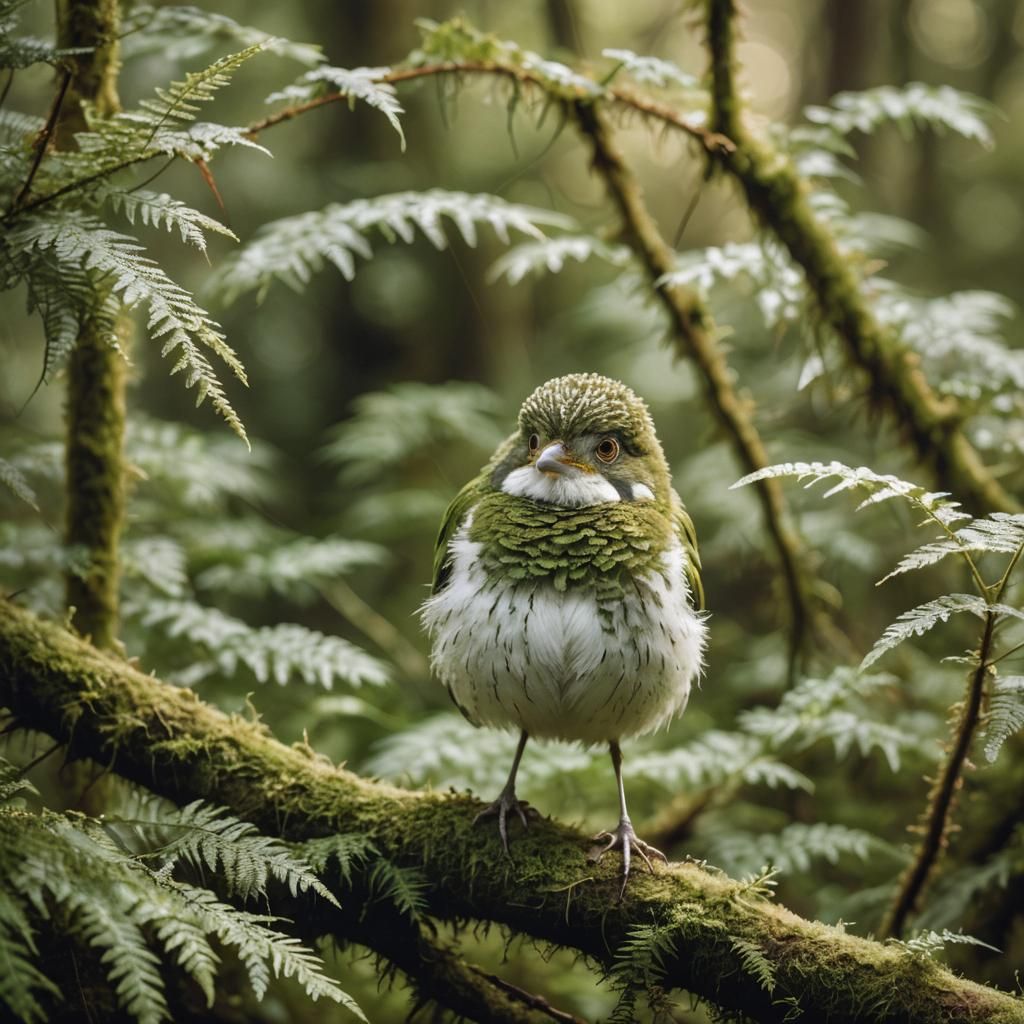 Fluffy Green Bird on Mossy Branch: Wildlife Photography