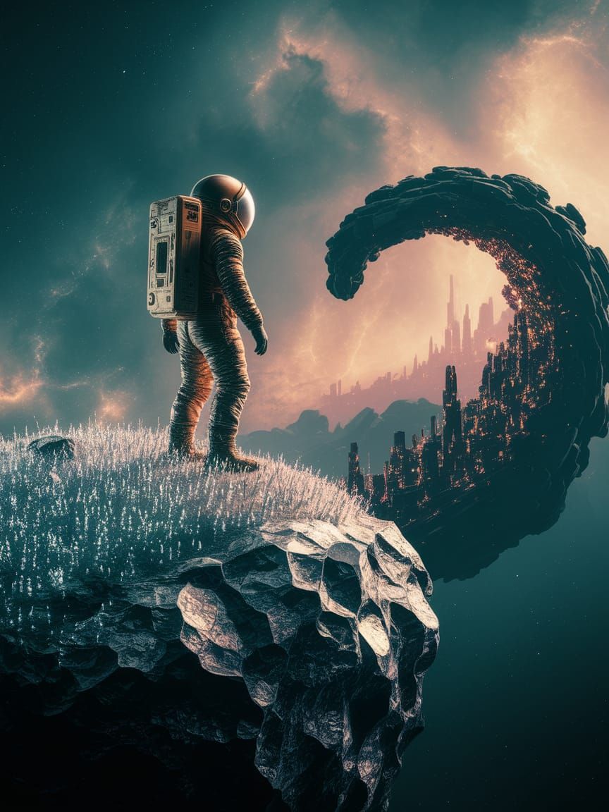 A lone astronaut stands on the edge of a colossal, crystalline asteroid, gazing out at a vibrant, swirling nebula. The asteroid itself is te...