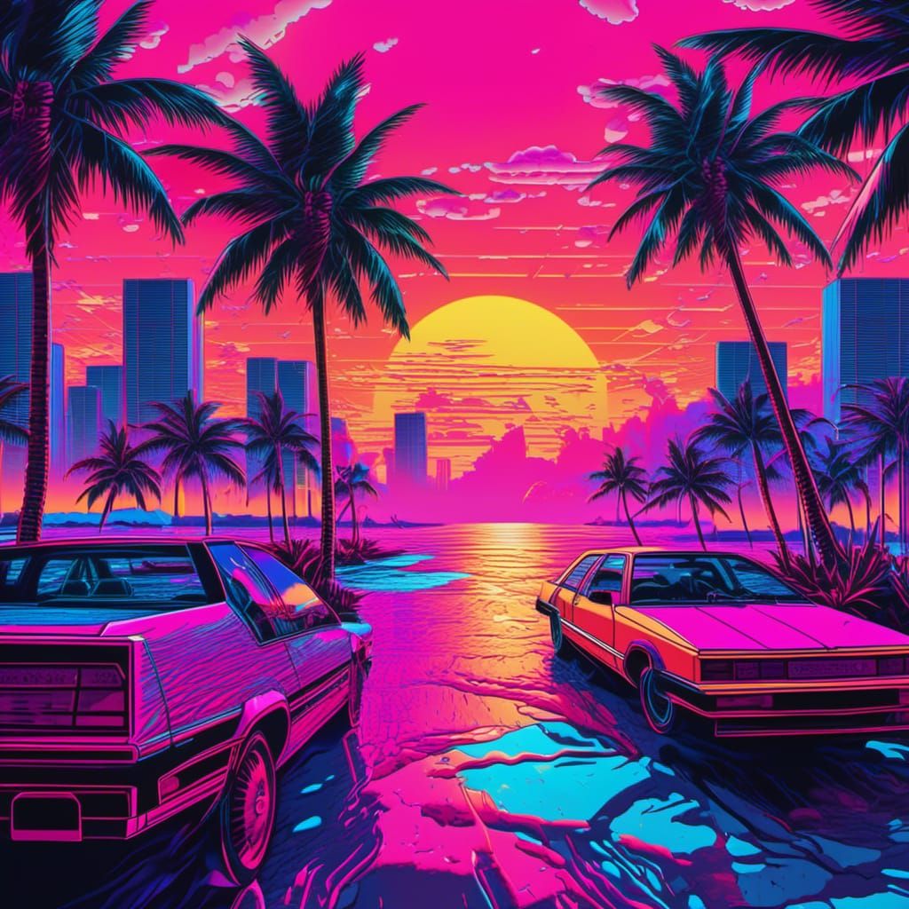 80s vaporwave sunset miami beach coastal scenery <lora:80s RetroWave:1.0> hyperdetailed intricately detailed Splash art trending on Artstati...