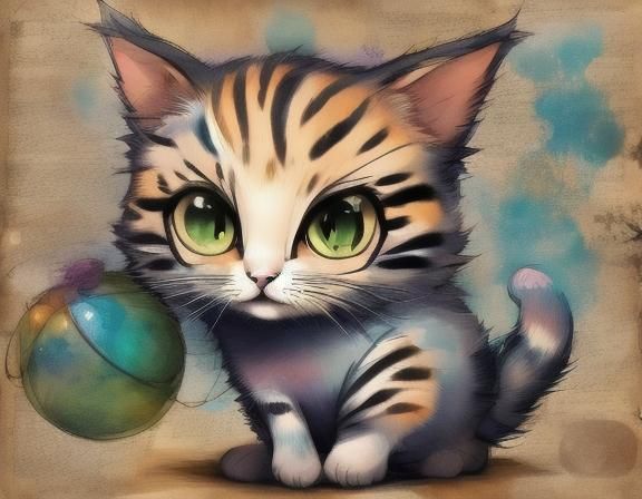  <lora:PR V8 Sketchbook:1.0> super cute kitten playing with a ball of yarn