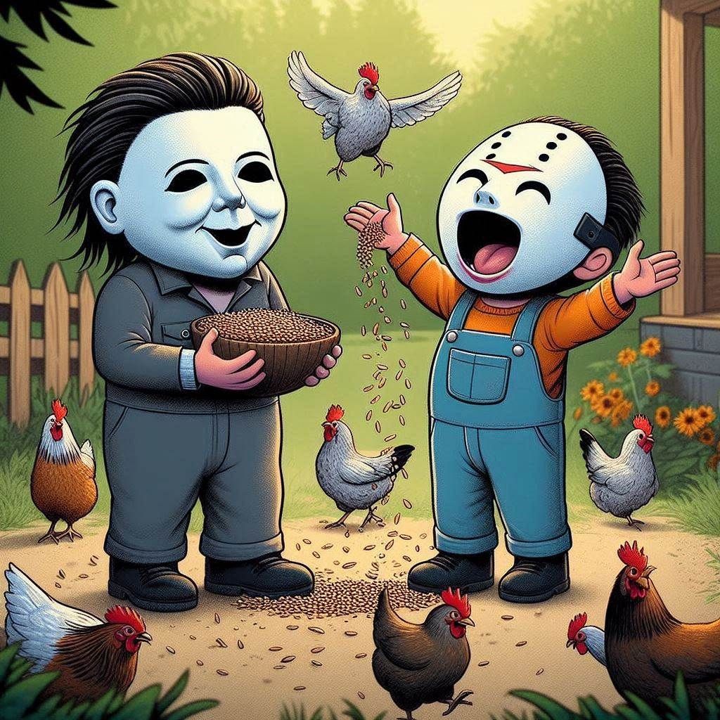 Michael and Jason Feeding the Chickens